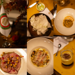 Foglia croccante di riso e piselli, Uovo, lenticchie e ricci di mare, Mezze maniche con cicerchia, fagioli, cozze e guanciale, Pecora, ceci, melanzane e melograno, Tiramisù con marroni, fagioli e mascarpone